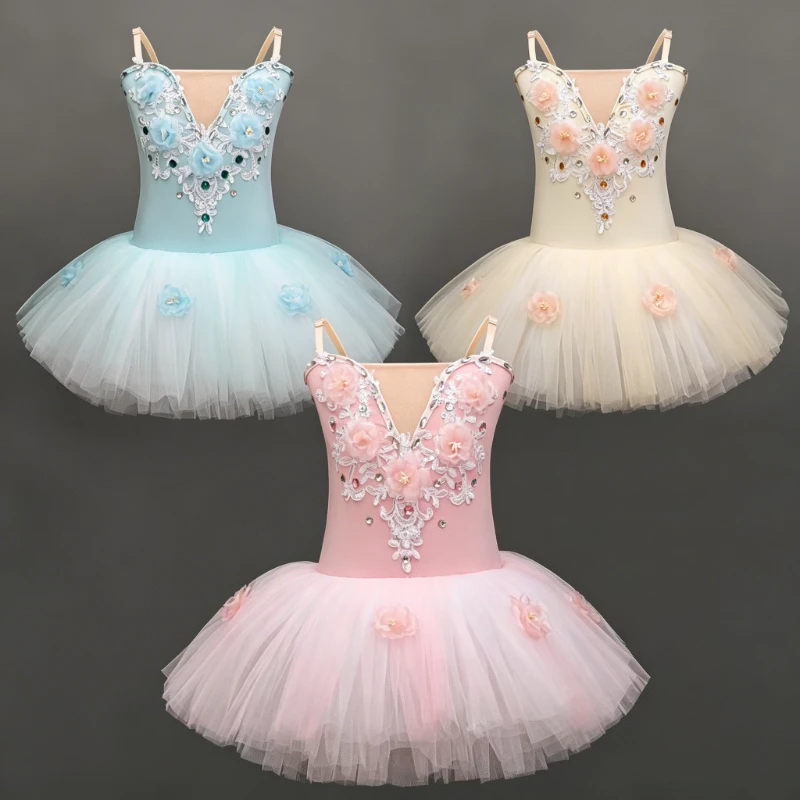 

Floral Rhinestone Ballet Tutu Dress, V-Neck Dance Skirt, Ballerina Costume for School Dance Program Stage Performance Recital