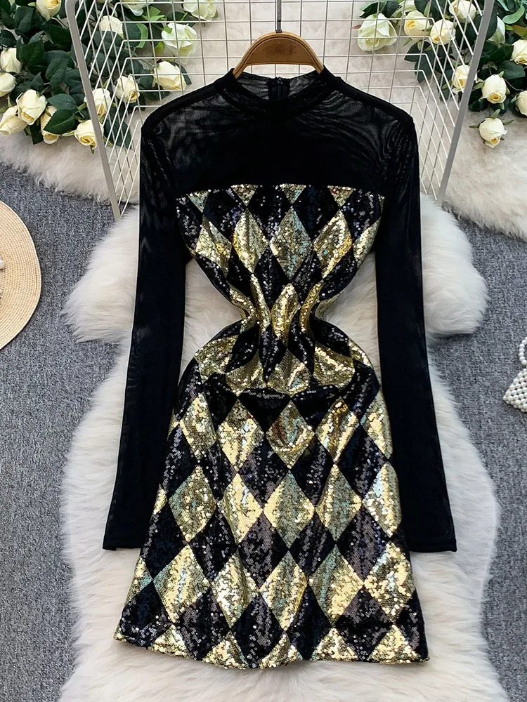 

Женское платье с пайетками, европейский стиль, легкая роскошь, плотная ткань, клетчатый пэчворк, сетчатые вставки, длинные рукава, элегантное мини-платье премиум-класса DS324