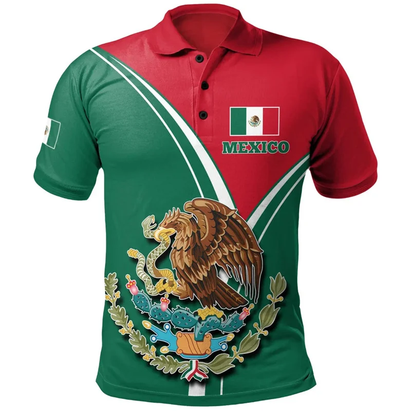 Polo azteca con estampado 3D de bandera de México para hombre, camisetas sueltas de manga corta de calle, camisetas Vintage informales, ropa de verano