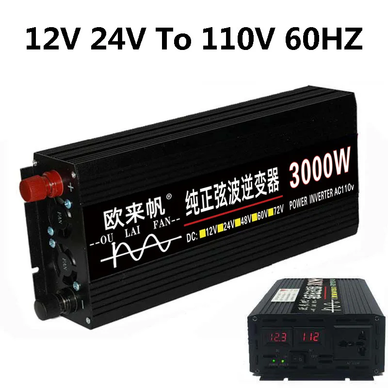 

1600W/2200W/3000W Pure Sine Wave inverter 12V/24V to AC 110V 60HZ Voltage transformer Power Converter solar inverter LED display