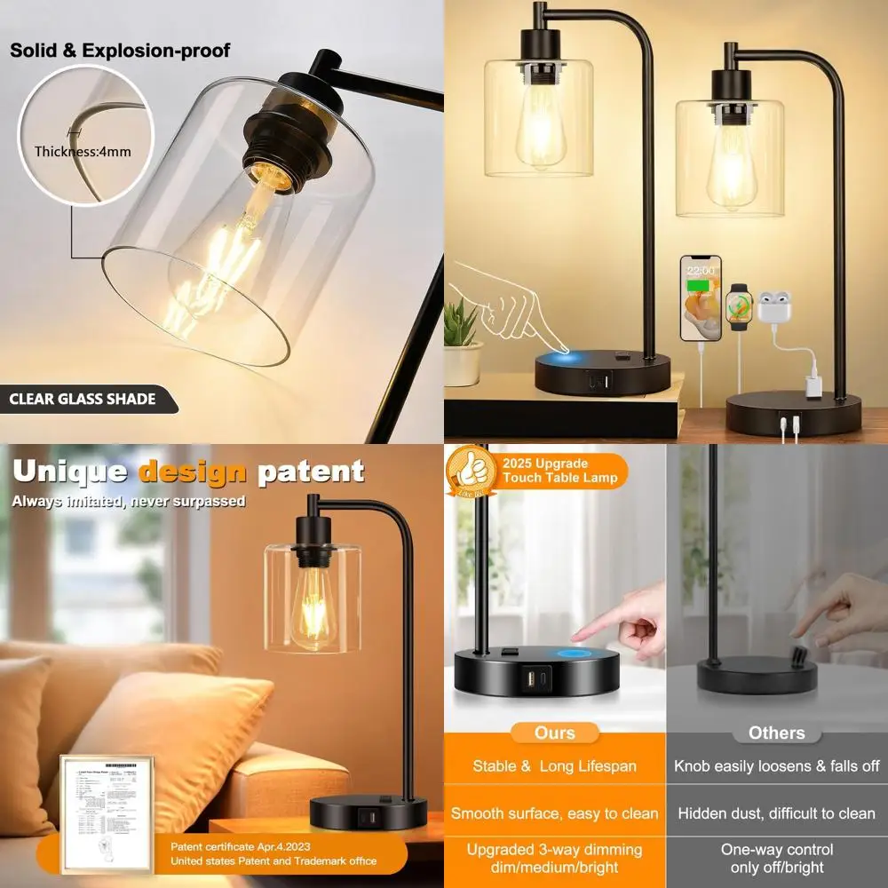 

Набор из 2-х промышленных настольных ламп с сенсорным управлением, портами USB C+A, розеткой переменного тока, 3-ступенчатой регулировкой яркости, черные прикроватные/настольные лампы для спальни