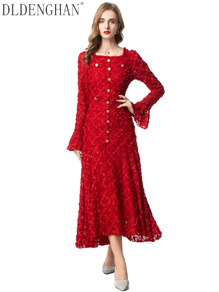 

DLDENGHAN Red Lace Vintage Dress For Women O-Neck Flare Sleeves Appliques Dresses Spring Fashion Female