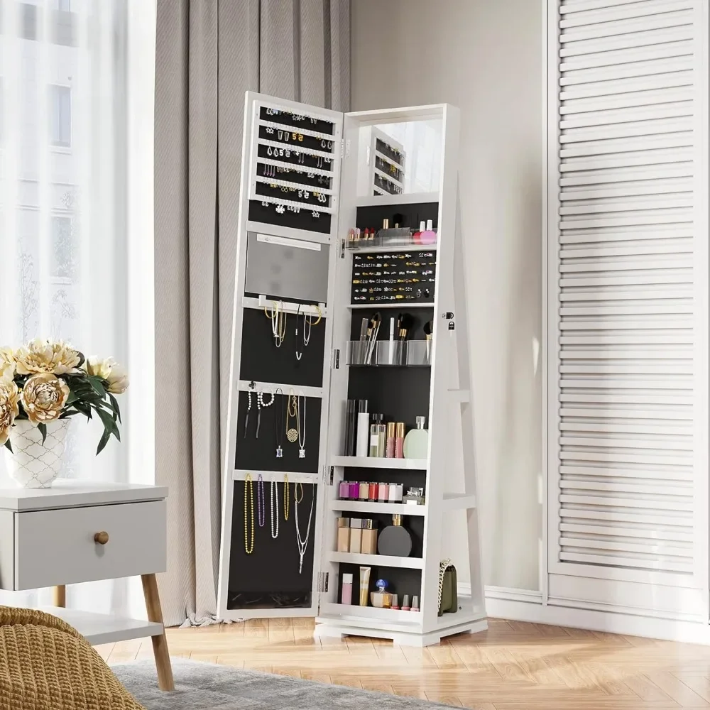 Lockable Standing Jewelry Armoire With Full Length Mirror 360°Swivel Jewelry Cabinet White freight Free