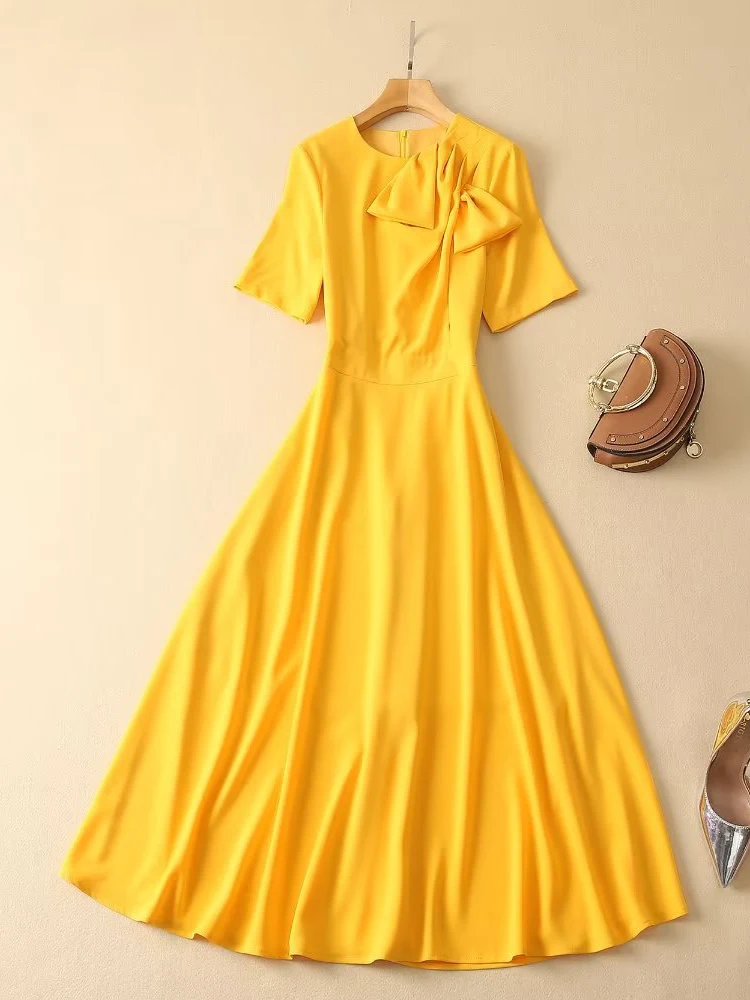 

SEQINYY Yellow Midi Dress Summer Spring New Fashion Design Women Runway High Street Bow Draped A-Line Slim Elegant Office Lady