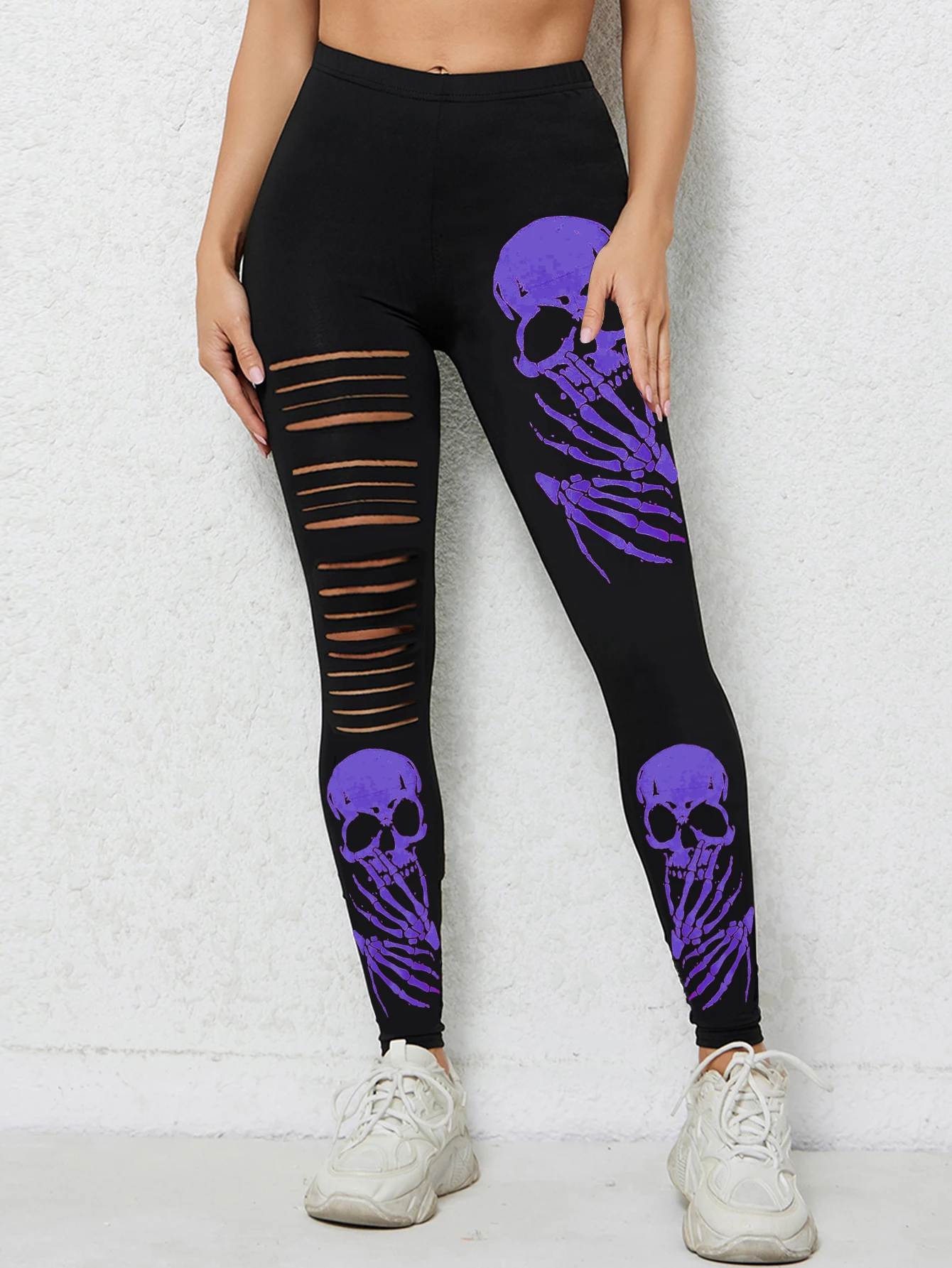 

Skull Offset Printed Perforated Leggings European And American Style Ghost-head Creative Tight Height Elastic Casual Pants