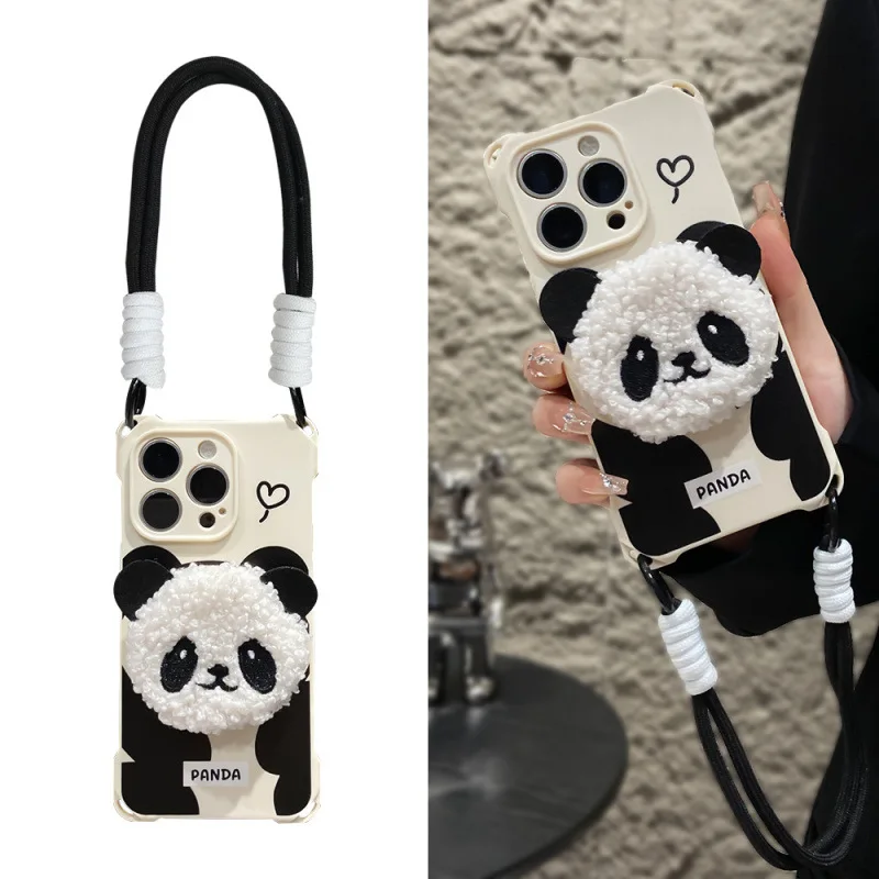 Cute Cartoon 3D Plush Panda Soft Phone Case For iPhone 16Pro Max 15 Plus 14 13 Pro Max 12 11 Pro X XSMas XR With Lanyard Cover