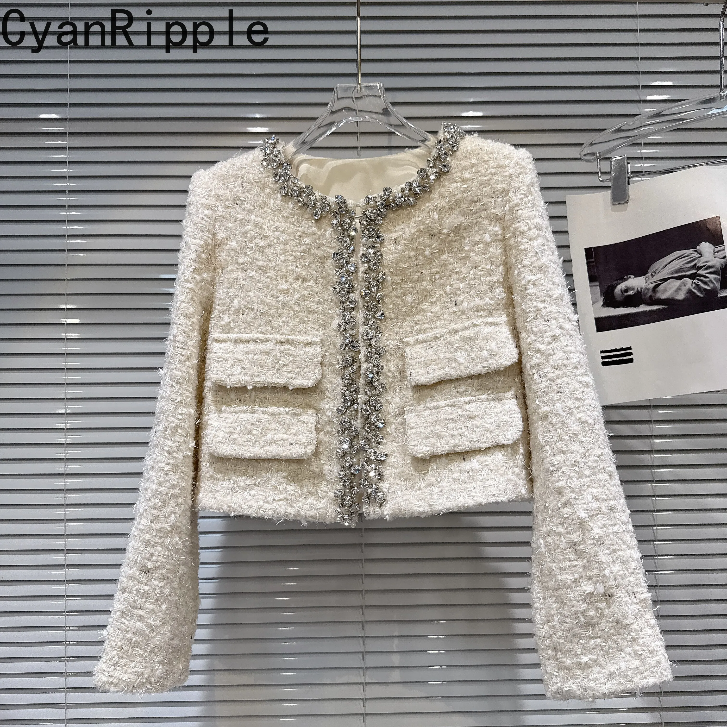 Fashion Lady New Spring Autumn Short Tweeds Jacket Elegant Round Neck Luxury Rhinestone Beads All-match Long Sleeve Woolen Coat