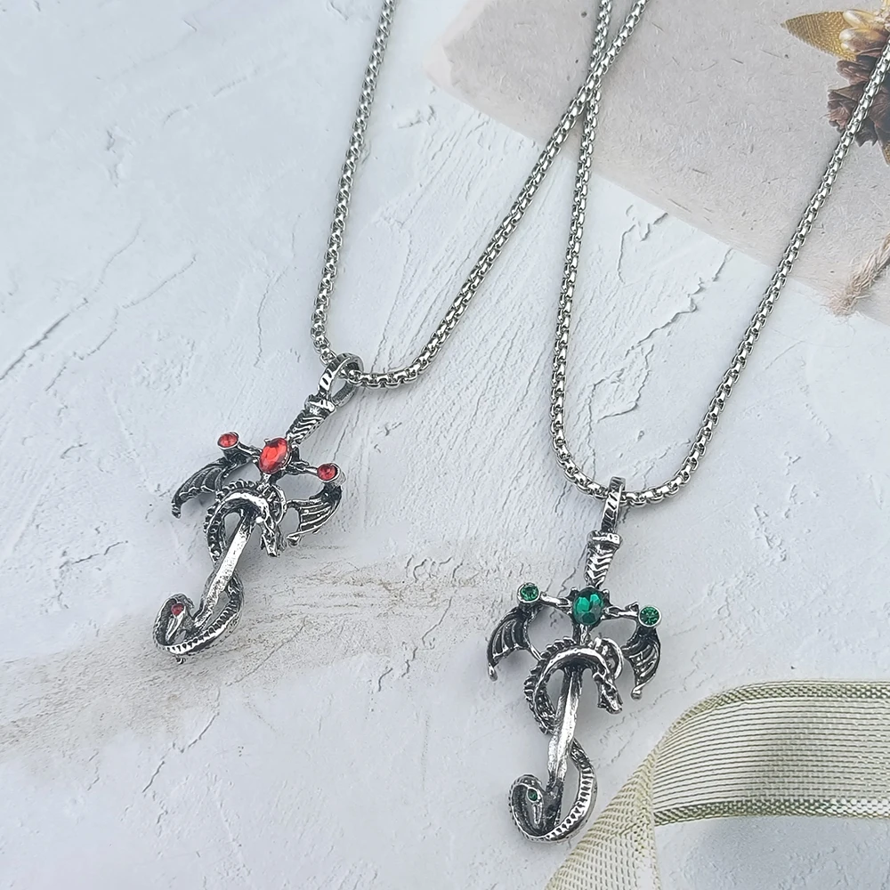 Vintage Dragon Sword Pendant Necklace, Gothic Winged Dragon Cross Sword Necklace With Imitation Gemstone Men Punk Amulet Jewelry view 3