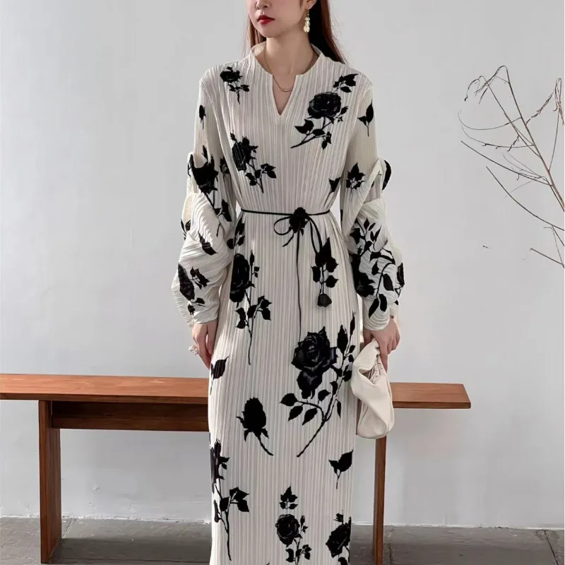 

Miyake Rugged Chinese Style Printed V-neck Dress Women's 3/4 Sleeves Elegant Waist Wrapped Vintage Maix Dress