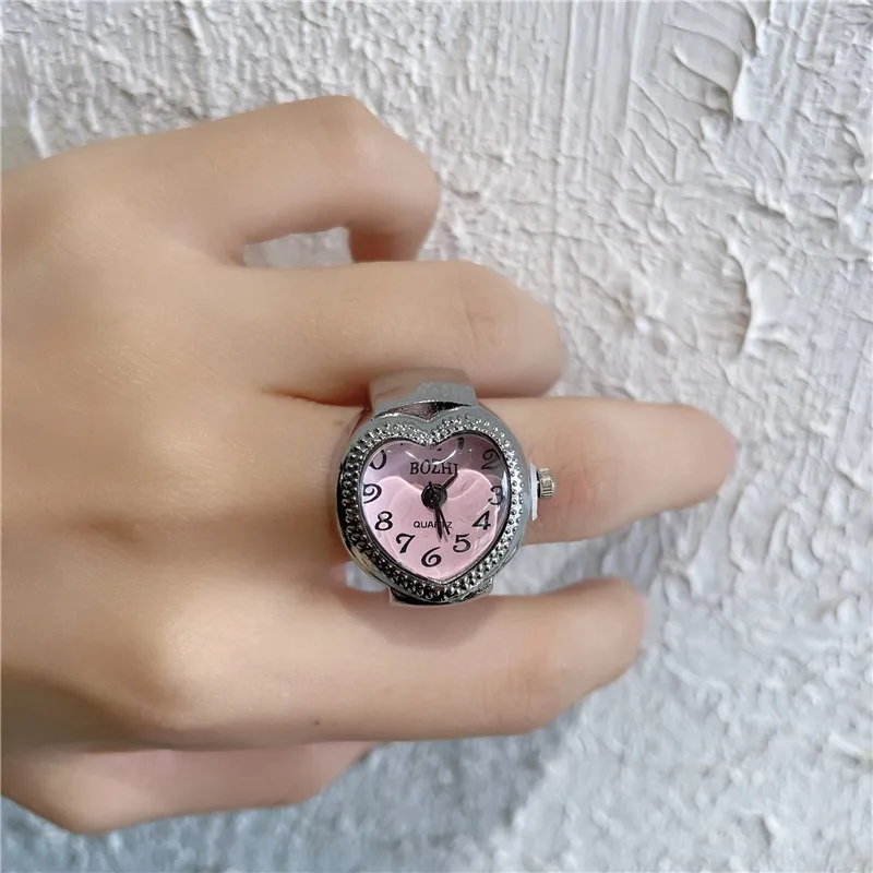 Fashion Harajuku Heart-shaped Watch Ring For Women&Girls Retro Alloy Shell Punk Pokect Watch Ring 2024 New Finger Accessories