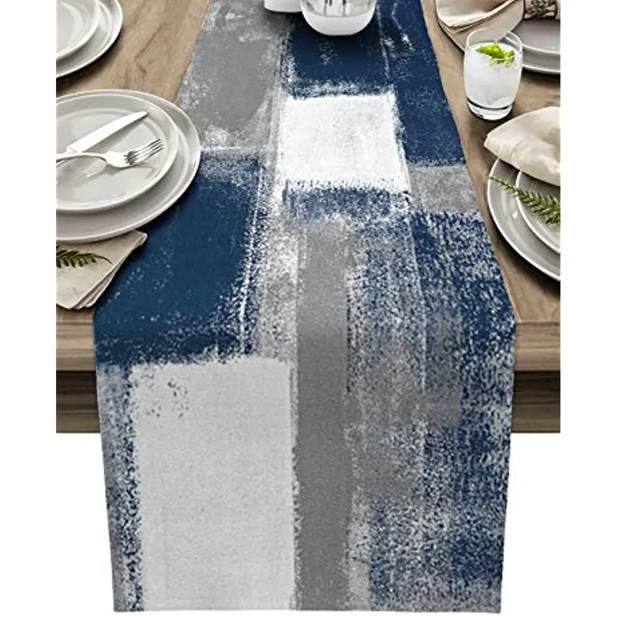 

Abstract Dark Blue and Grey Linen Table Runner Wedding Party Decoration Washable Dining Table Runner for Kitchen Dinner Decor