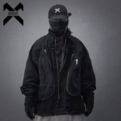 11 BYBB'S DARK Men Vintage Functional Cargo Jacket Techwear Washed Tactical Denim Jackets Coats Cotton Loose Streetwear