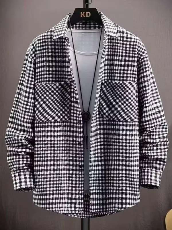 

Мужская шерстяная рубашка в клетку с двойным воротником-стойкой, приталенная, с длинным рукавом, повседневная, молодежный тренд, из органического хлопка, для весны и осени