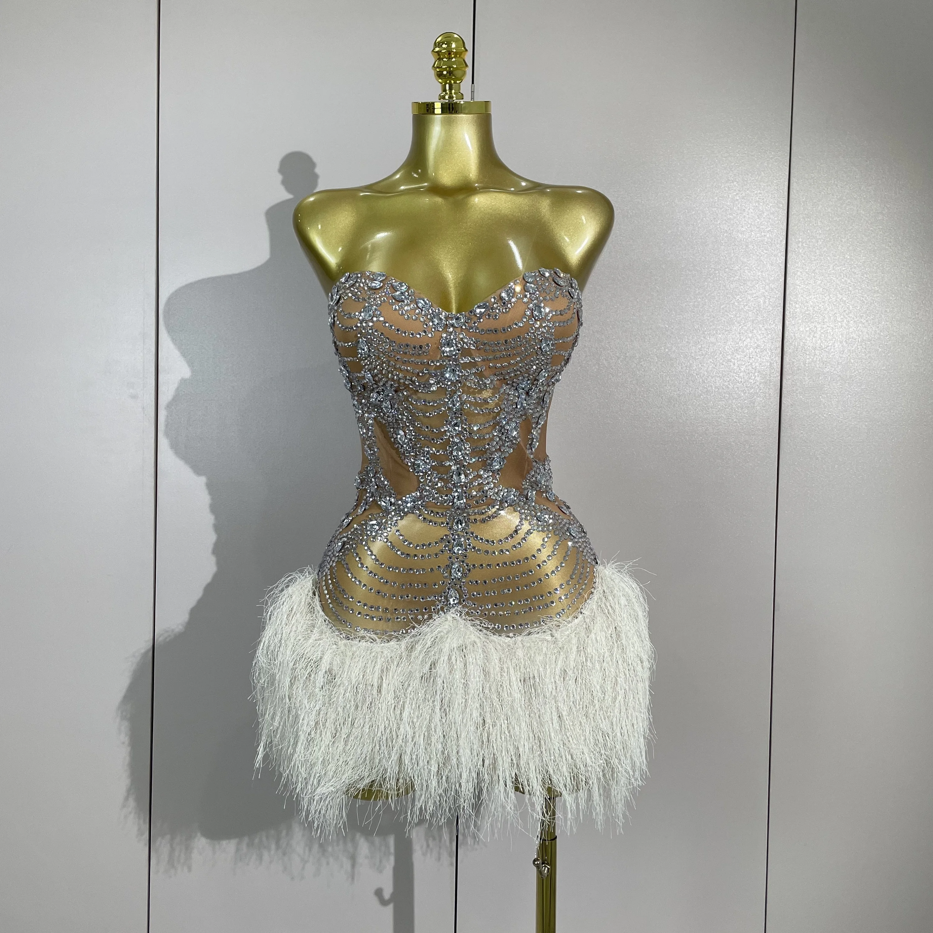 Women Sparkly Diamonds Tassel Sexy Strapless Mesh Sheer Mini Dress Eveing Luxury Birthday Party Singer Nightclub Stage Costume