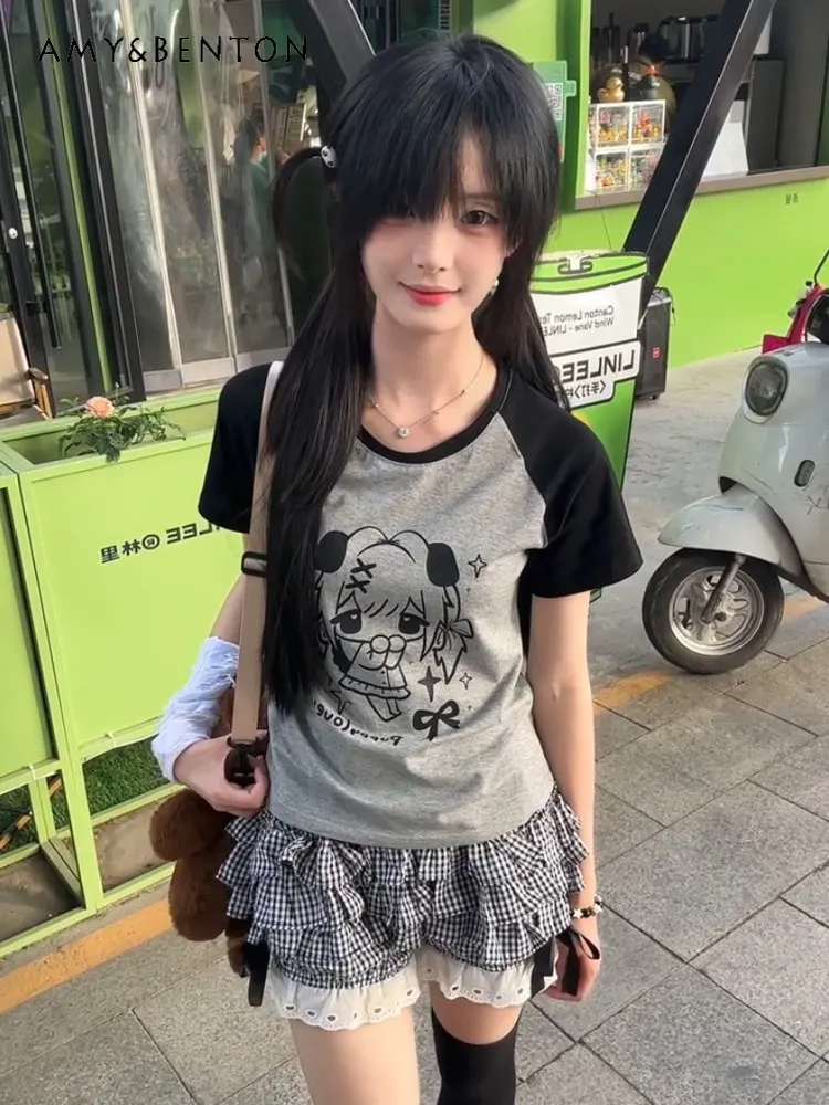 

Summer Japanese Sweet Cute Cool Women Black Grey Cartoon Girl Print Loose Casual Slim Versatile Raglan Short Sleeve T-shirt