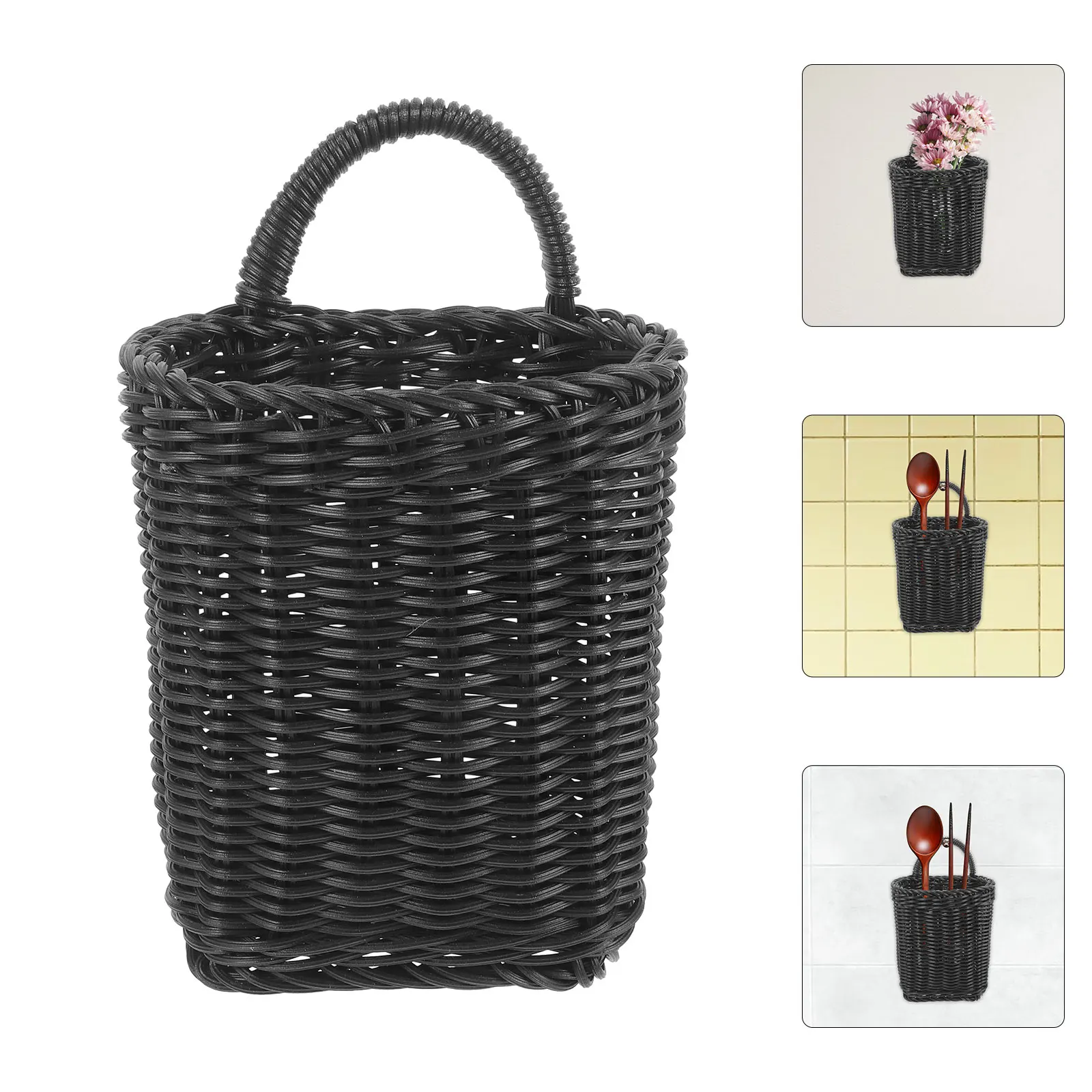 

Rattan Hanging Basket Black Baskets for Dried Flowers Wicker Wall Storage Handle Kitchen Bathroom Vintage Handwoven Storage