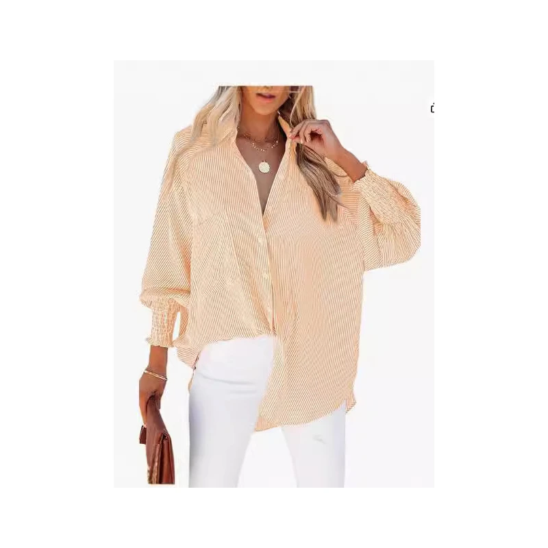 เสื้อเชิ้ตแขนยาวลายทางทรงหลวมสไตล์ลำลองสำหรับผู้หญิงรุ่นใหม่พร้อมกระเป๋า