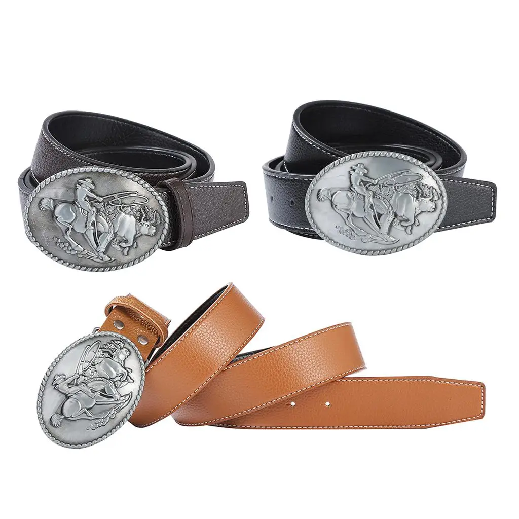 Leather Belt Replacement Cowboy Belt with Engraved Buckle Men’s Adjustable Waist Strap for Jeans