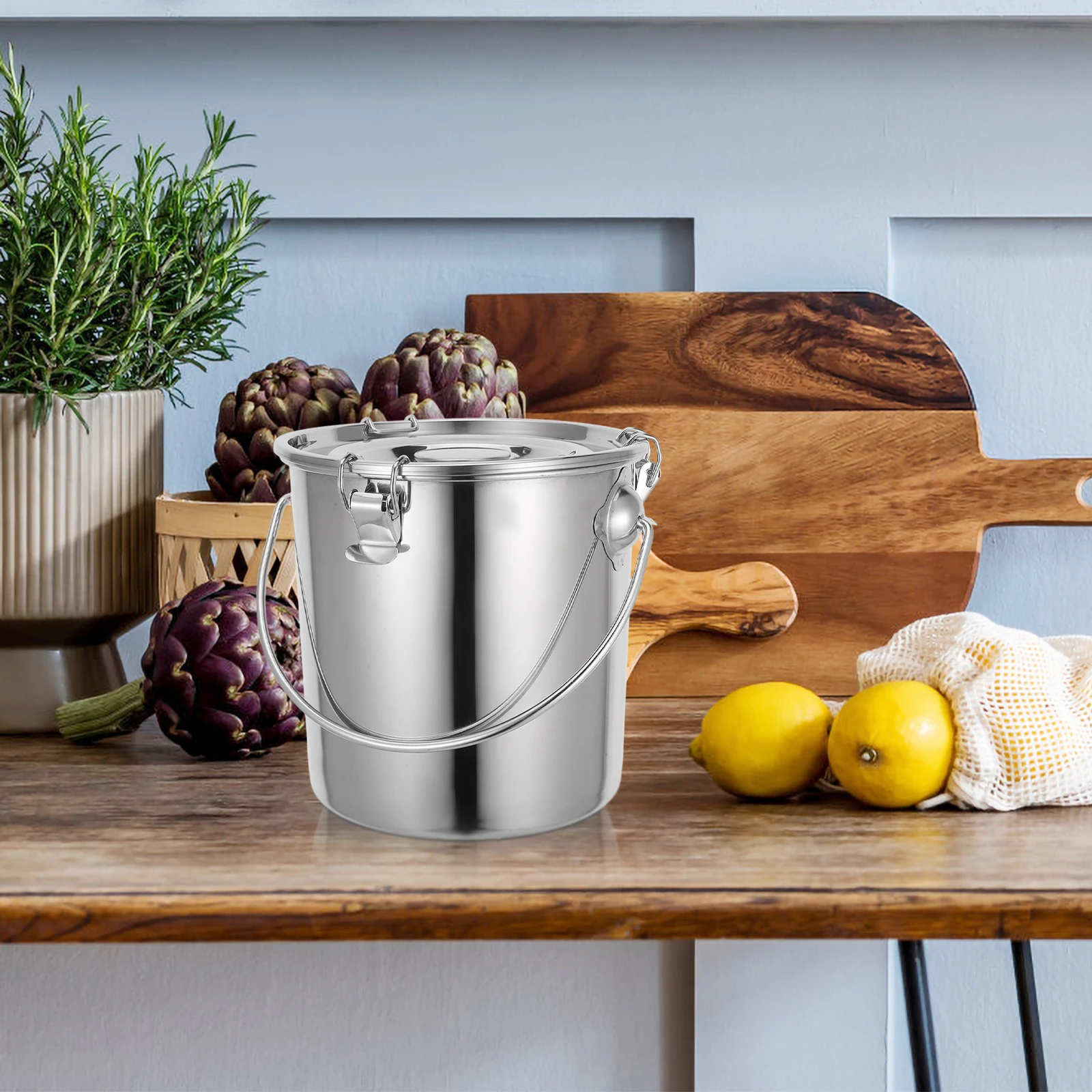

1pc Sealed Pail Stainless Steel Oil Bucket Milk Container Water Storage Portable Barrel Home Grease Container Large Capacity