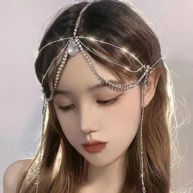 Waterdrop-Head Chain Headwear Crystal Forehead Headband Wedding Bridal Hair Chain Headpiece for Women Jewelry 40GB