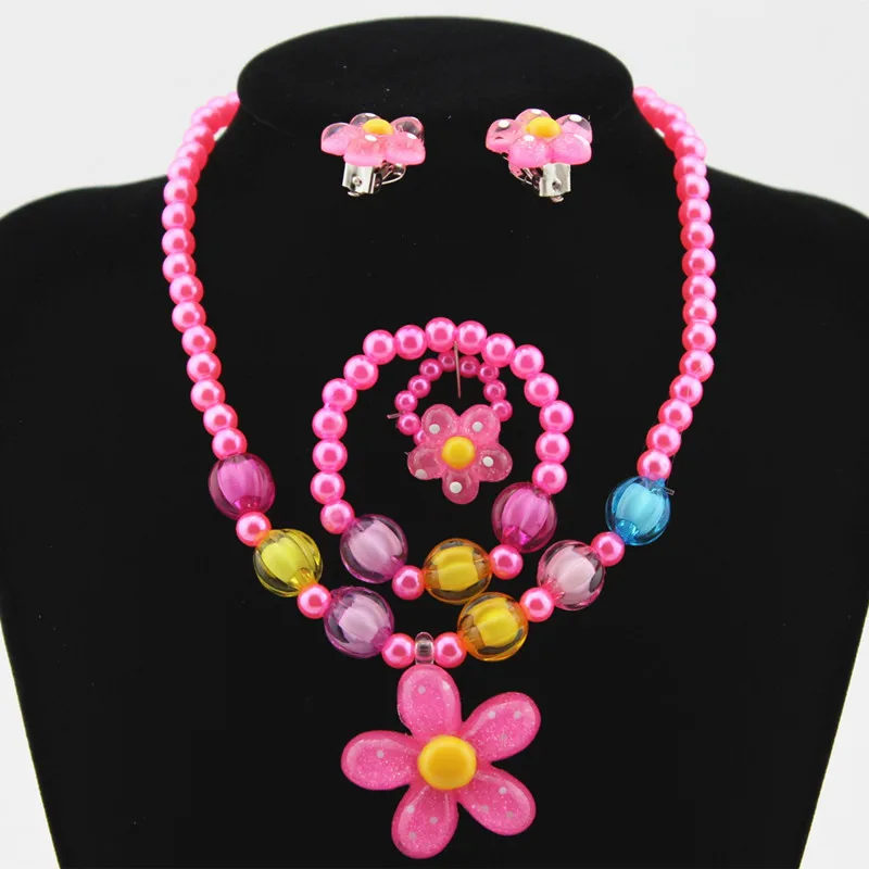 Baby Girls Imitation Pearls Jewelry Set Kids Sun Flower Necklace Bracelet Rings Flower Stud Earrings Children Party Jewelr Gift