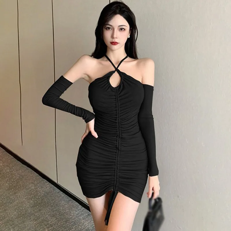 Dresses Women Off Shoulder Halter Neck Sexy Slim Dresses Girls Streetwear All-match Cozy Female Mini Vestdios Club Korean Style 