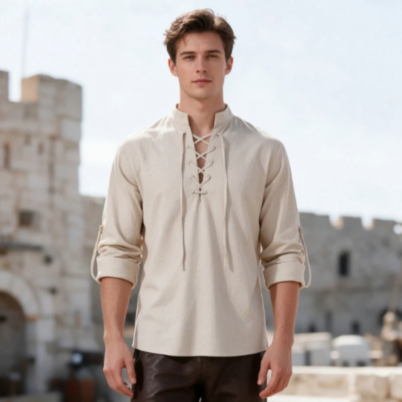Men Medieval Renaissance Viking Lace‑Up Shirt with Matching Belt, Pirate Roll Sleeve Tunic Top, Halloween LARP Cosplay Shirts