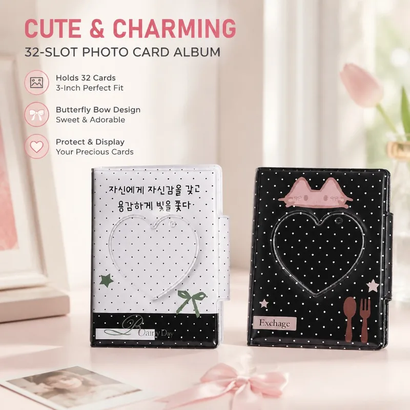 Cute 3 Inch PVC Photocard Album Pink Bow Design 32 Pockets Card Holder Daily Photo Storage Book Kpop Collectible Wallet