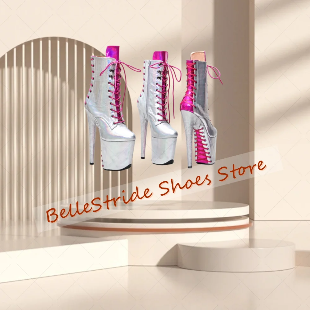 

Silver Cross Tied Side Zipper Platform Boots Patent leather Women Shoes Thin High Heels Party Banquet Dating 2025 Zapatos Para M