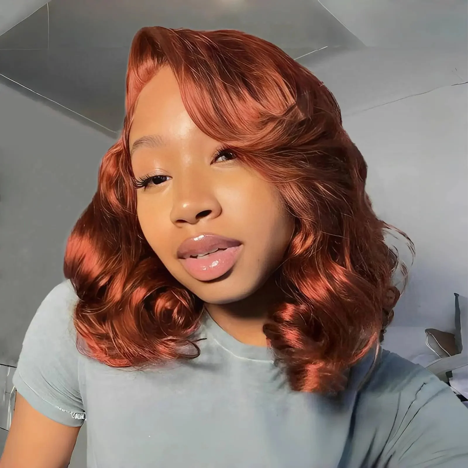 วิกผมลูกไม้ด้านหน้าสีน้ำตาลแดงแบบ Body Wave ผมแท้บราซิล ขนาด 12 14 16 นิ้ว