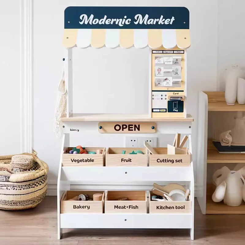 

Wooden children's simulation play house, fruit store, toy supermarket, small shop, swipe card, cash register, shopping