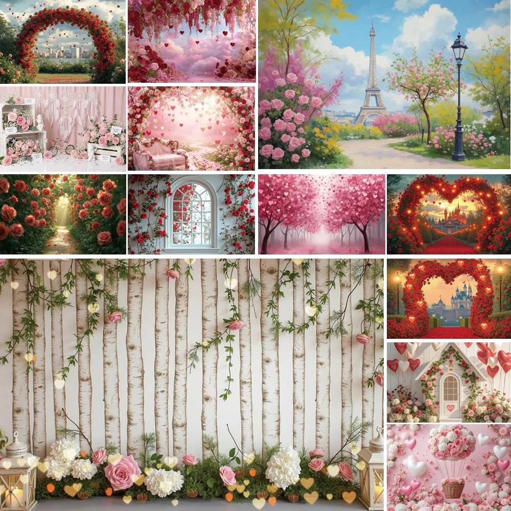 

MOON.QG Valentine's Day Decor Backdrop Garden Archway Heart Flower Balloon Background Photography Love Wallpaper Props Photocall
