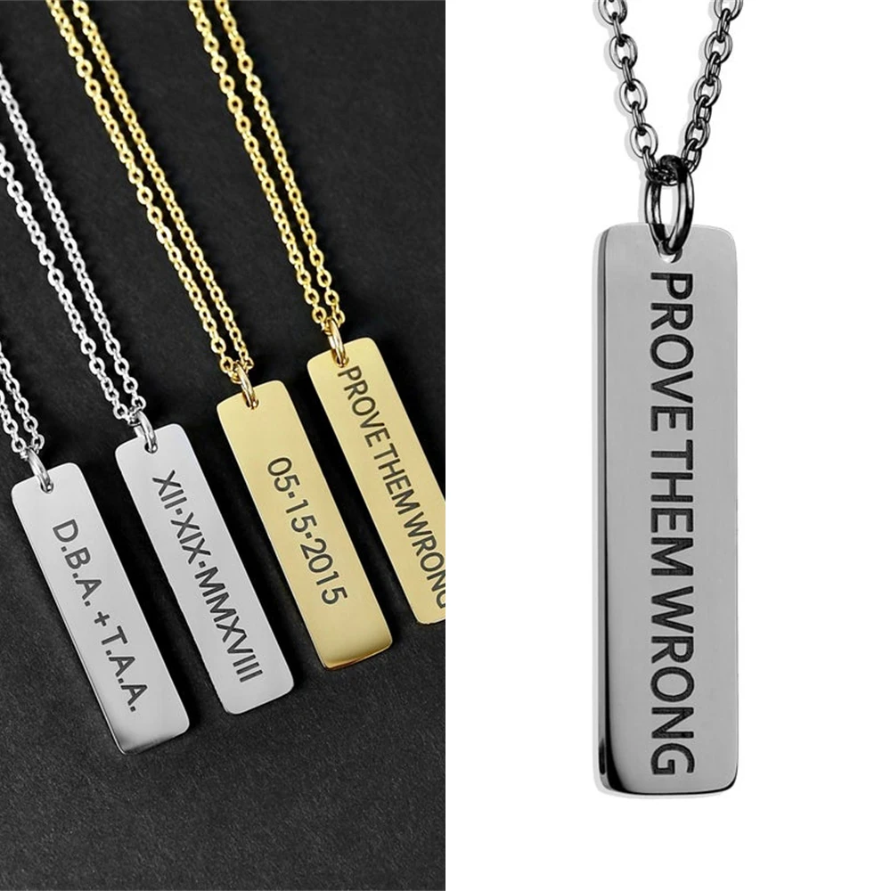 

Custom Engraved Name Necklace Men Engraved Text Square Pendant Necklace Women Personalized Silver Stainless Steel Jewelry Gift