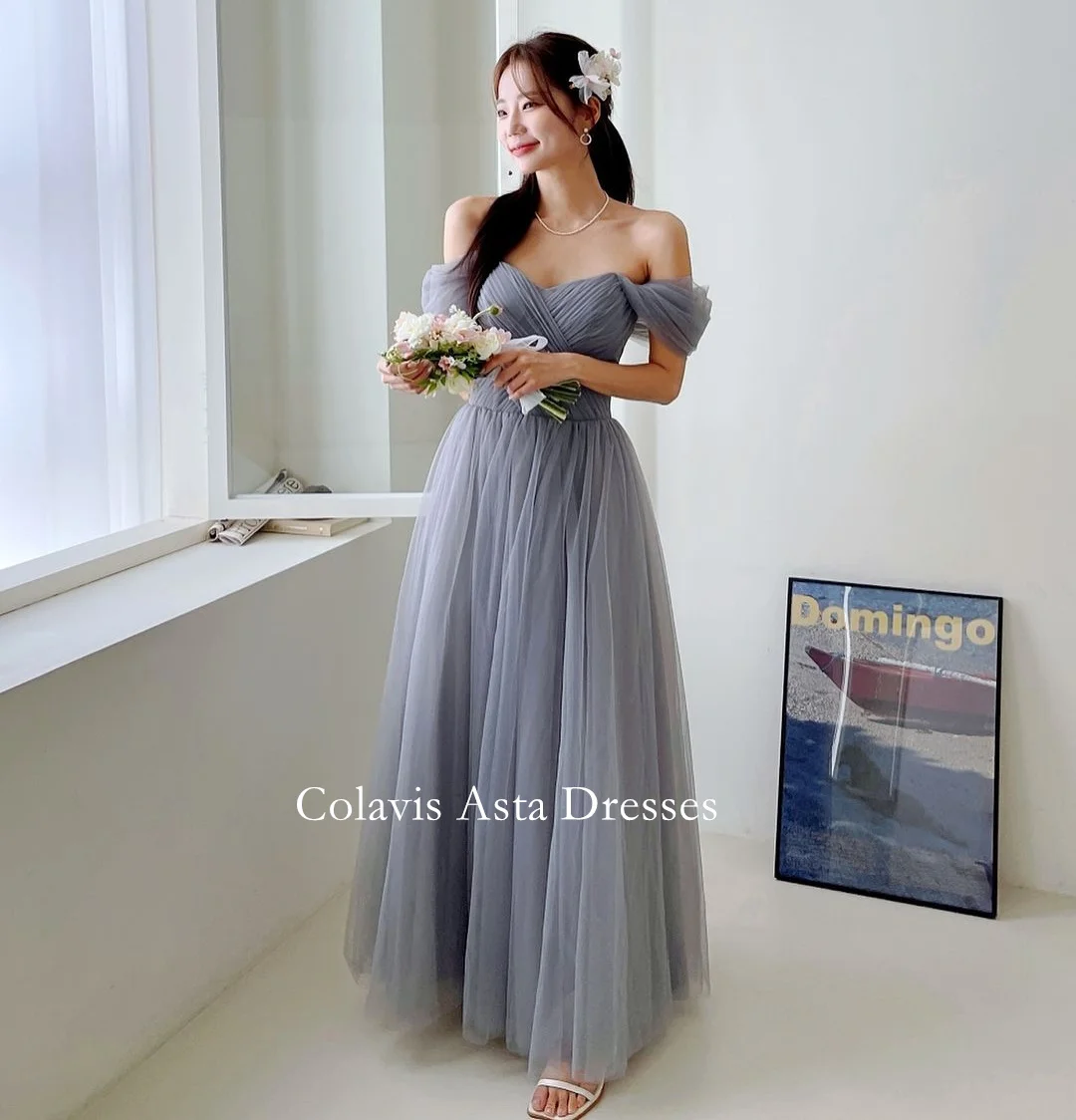 

Colavis Asta Korea Off the Shoulder Evening Dresses 웨딩드레스 Tulle Ruched Lace-up Custom Made A-Line Prom Gowns Plus Size