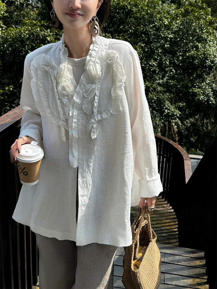 

Льняная рубашка Owi Handmade Series, полностью ручной работы, с V-образным вырезом, боковым разрезом и 3D-цветами, летняя, женская, повседневная, свободного кроя