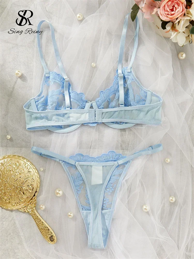 SINGREINY Garza Trasparente Biancheria Intima Skinny Sexy Abiti Moda Aderente Lingerie Signore Solido Ricamo Reggiseno Erotico e Slip Set