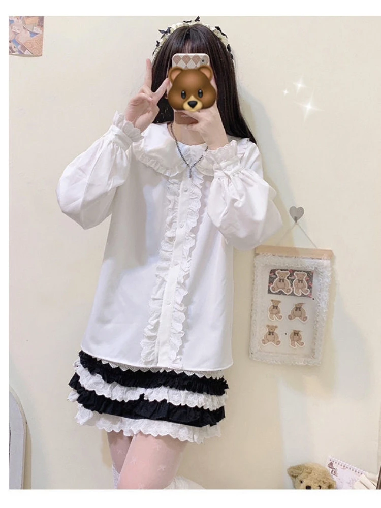 

HOUZHOU Kawaii White Blouse Women Long Sleeve Lolita Style Shirts Peter Pan Collar Ruffles Patchwork Japanese Fashion Tops