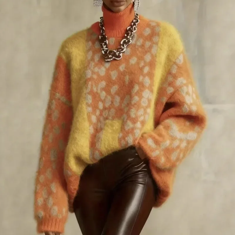 Vintage Turtleneck Leopard Print Sweater Women Thick Warm Loose Patchwork Knit Top Fashion Ladies Casual Outerwear