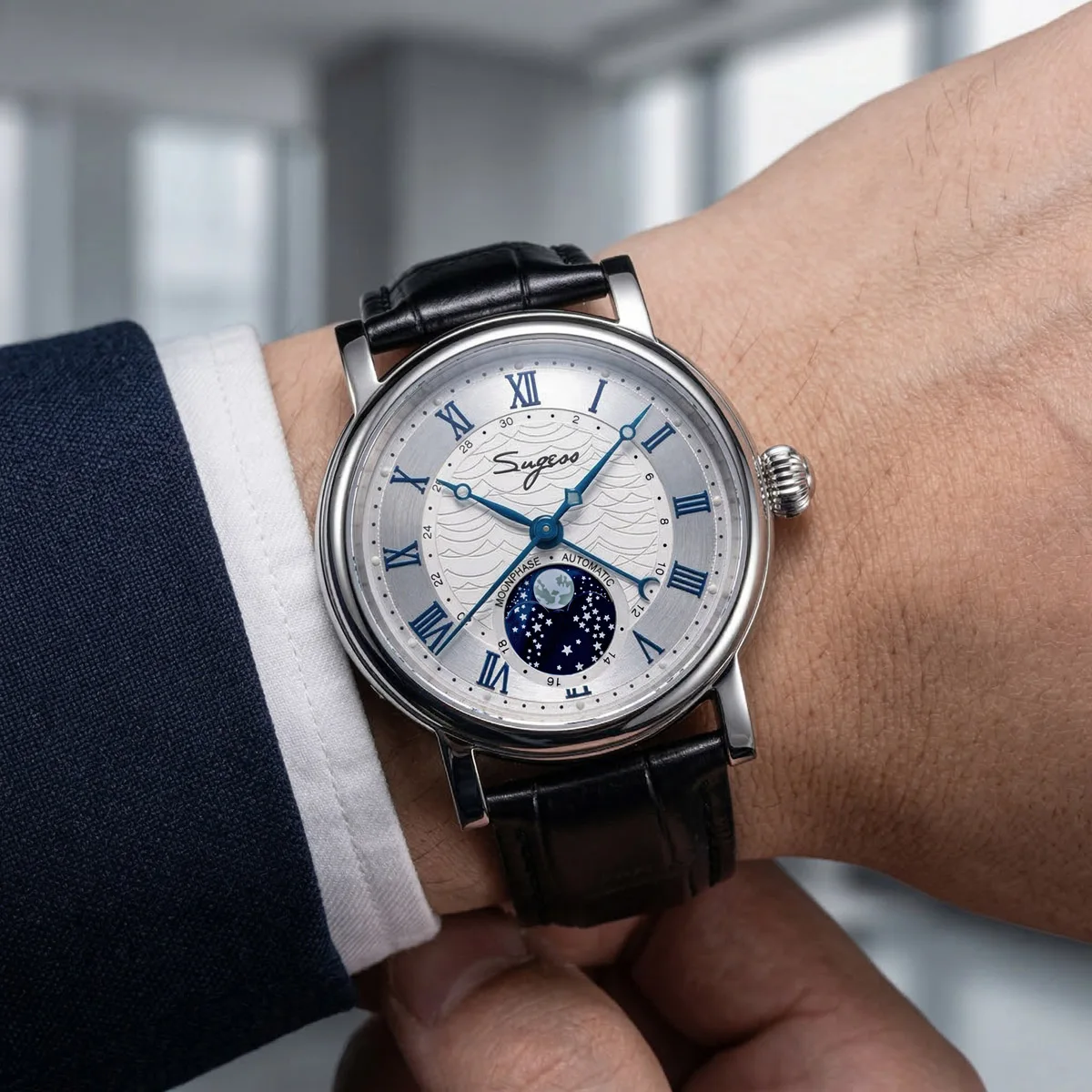 Sugess Uhren für Männer Automatische Mechanische Uhr Mondphase Tianjin ST2108 Wasserdicht Datum Hände Saphir Kristall Rom Welle Zifferblatt – Detail 8