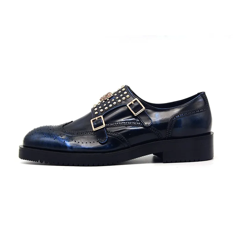 JINIWU 2026 Autumn Winter Monk Shoes Burnished Blue Cowhide Oil Black Rivet Leopard Buckle Strap Men Leather Shoes