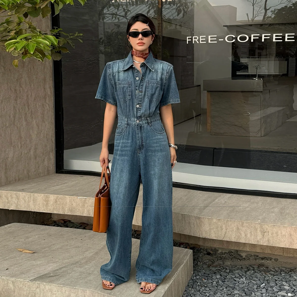 

Summer Thin Washed Denim High Waist Short Sleeve Onesie Women's Retro Stylish High-End Feeling Wide Leg Long Pants Trendy