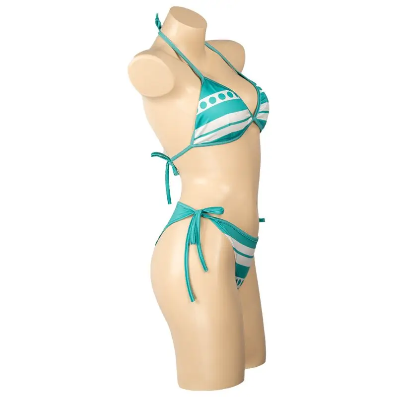 One Piece Cosplay Costume: Zoro-style Nami Yukata, Green and White Striped Sexy and Cute Bikini Swimsuit view 4