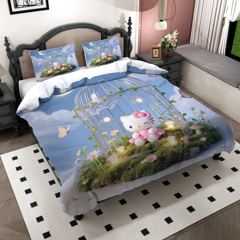 Polyester Hello Kitty Bedding Set Blue Sky Birdcage Daisy Butterfly Moss Printed Duvet Cover For Girls Fresh Home Decor