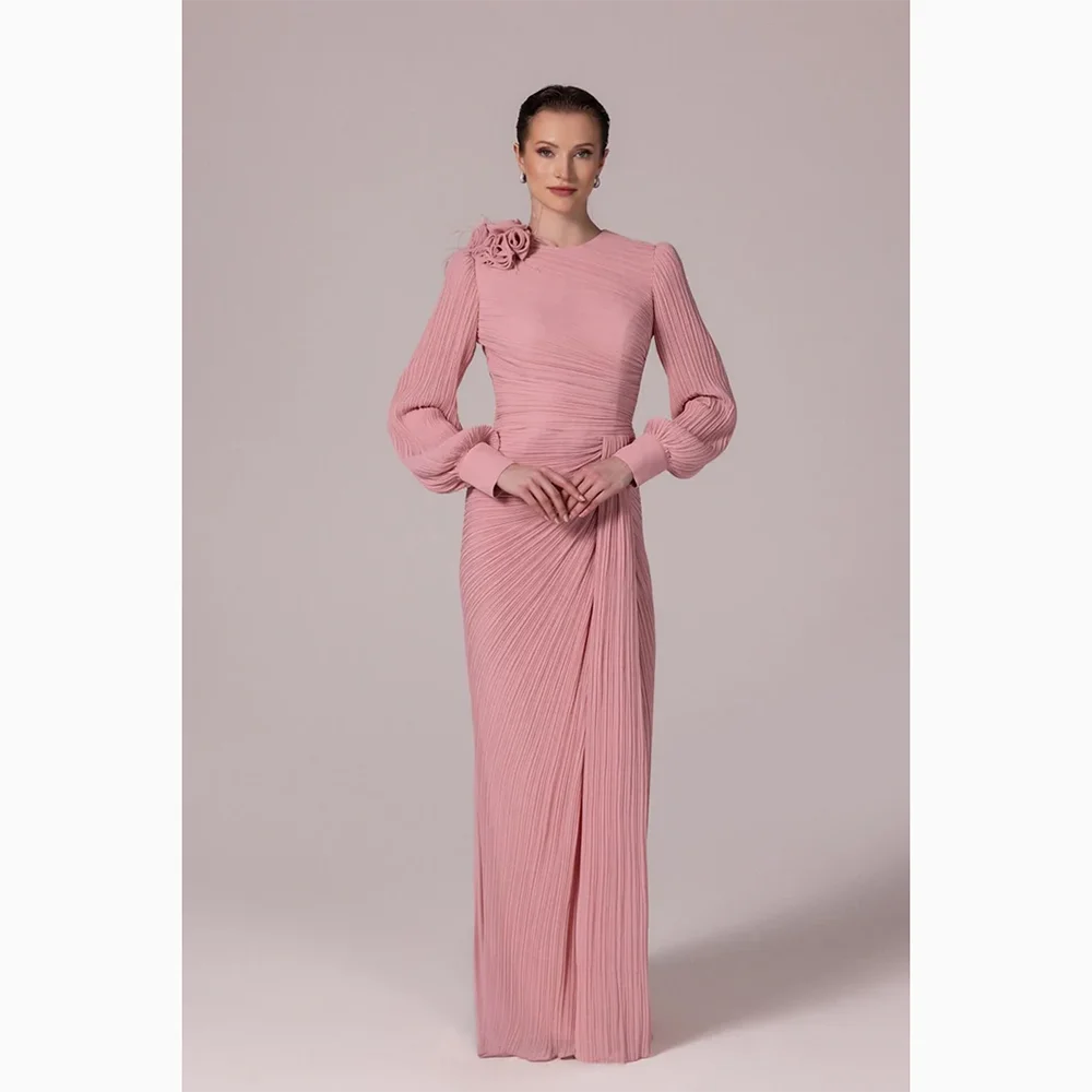 

Pink O-neck Flower Evening Dresses Floor Length Long SleevesCrystal Prom Gown Straight Self-cultivation Party Dress Customized