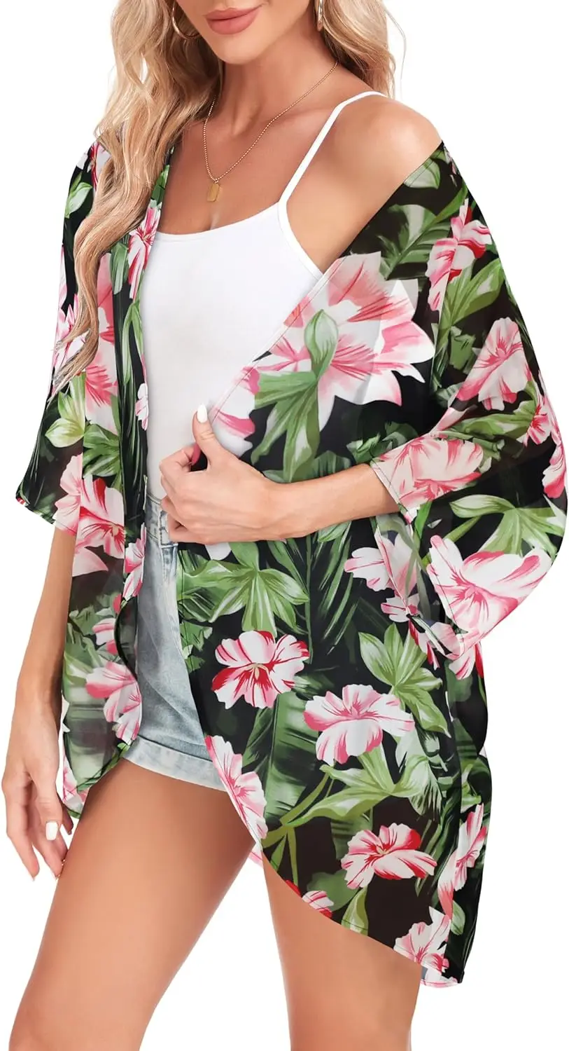 Women\'s Plus Size Floral Print Lightweight Chiffon Kimono Cardigan Short Sleeve Loose Beach Wear Cover Up Blouse Top Plus Size