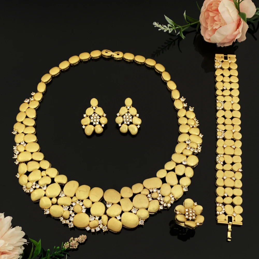 

JRH High-end Women Jewelry Sandblasting Process Gold Plated Set Brass with Zircon Luxury Fashion Bracelet Ring Necklace Earrings