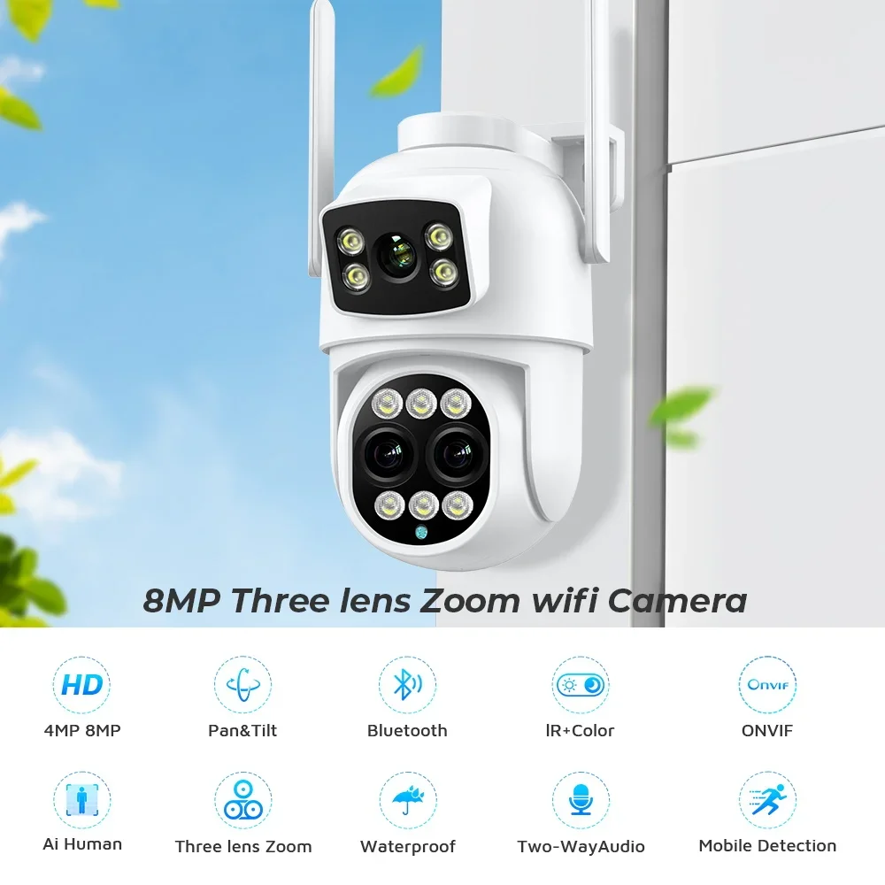 9MP 4K HD WiFi IP Camera Outdoor 8X Zoom Dual Screens 6MP PTZ Wifi Surveillance Camera Auto Tracking Night Vision ICSEE APP CAM