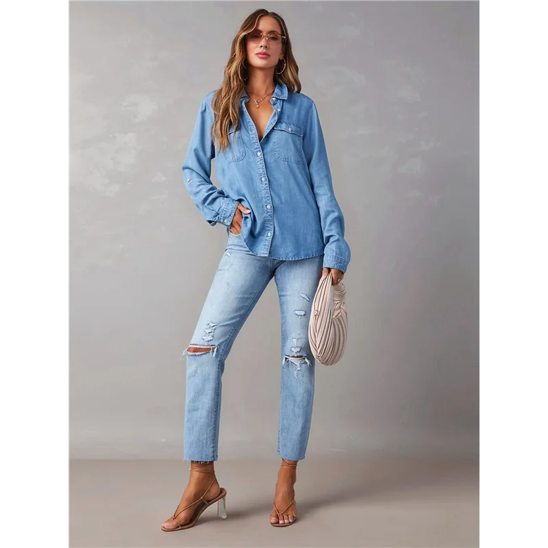

NEW-Women Button Down Denim Shirts Casual Long Sleeve V Neck Chambray Blouse Top