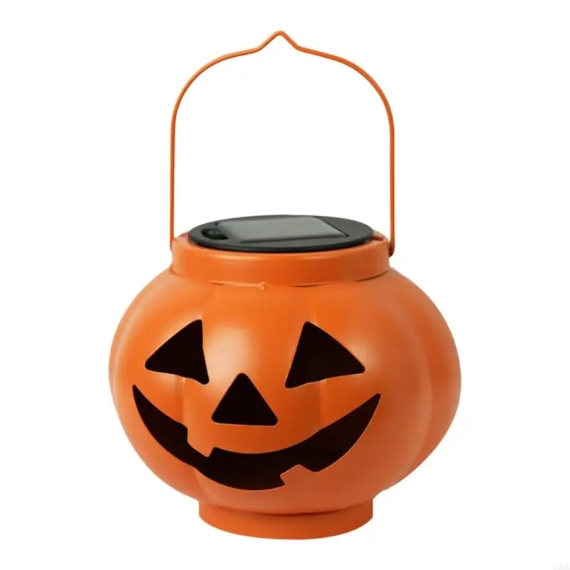 Solar Pumpkin Decor Light for Fall Porch Display, Pumpkin Face Outdoor Accent with Carry Handle and Upper Charging for Yard Y5GB