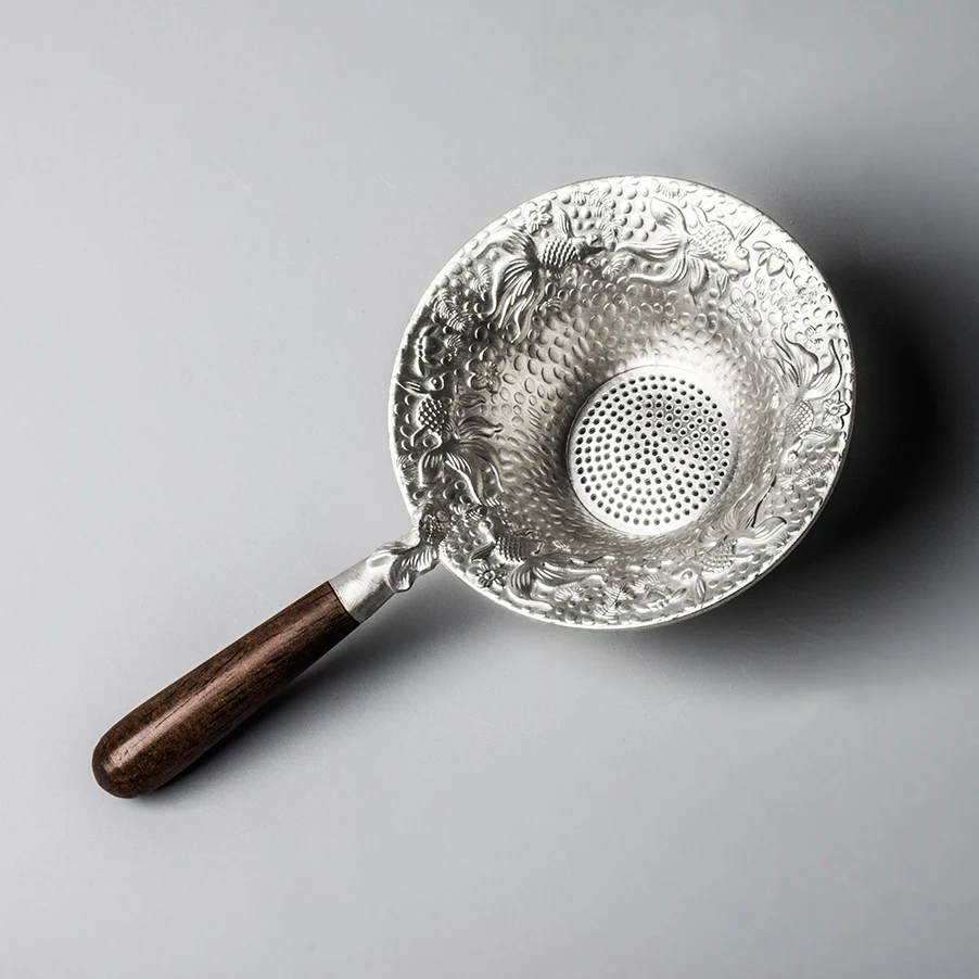 Shiqu Ge Wooden Handle Pure Tin Tea Strainer Filter, Hand Hammered Kung Fu Ceremony Accessories